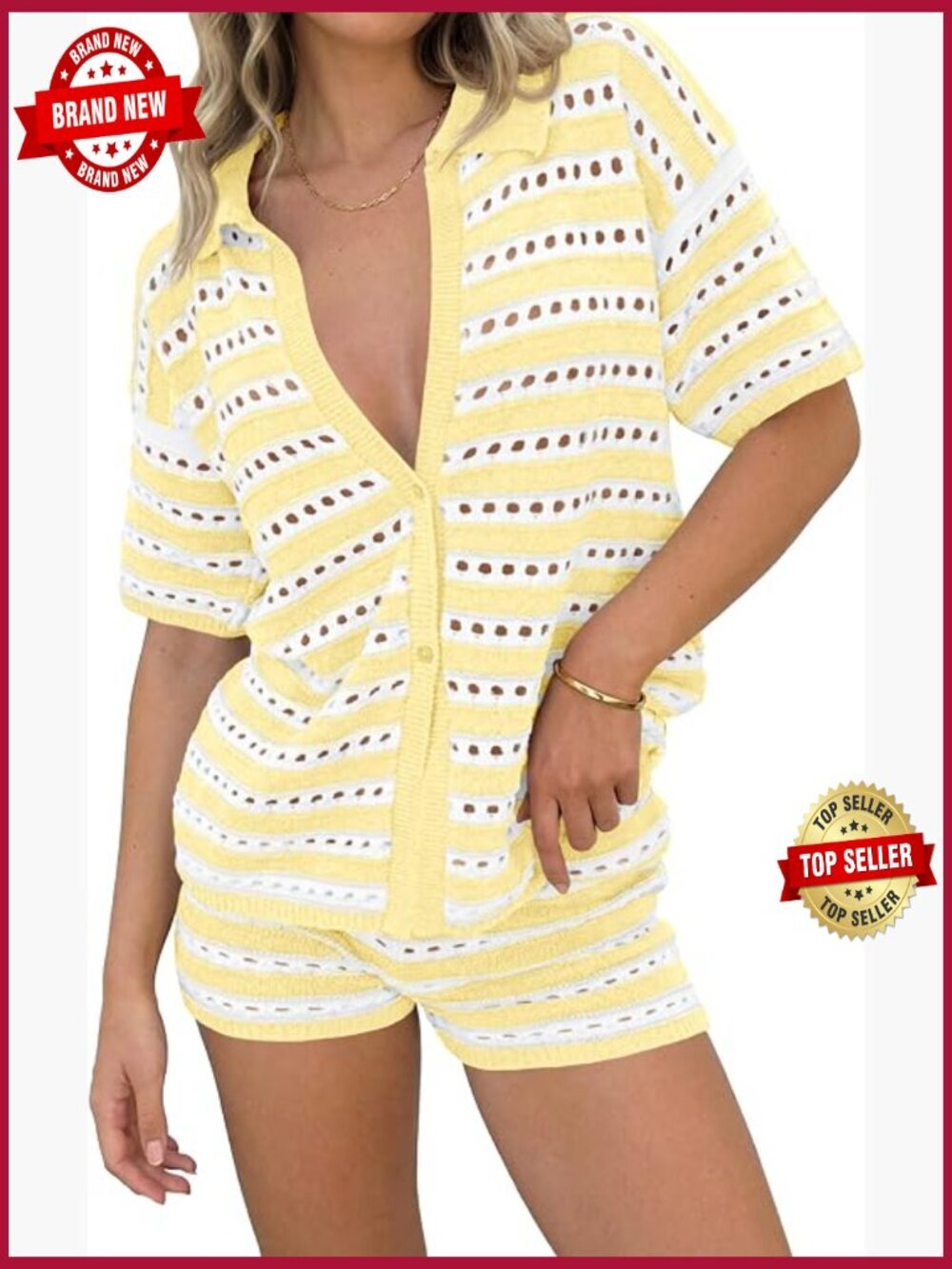 Crochet Knit 2 Piece Short Set Button Down Coverup Outfit